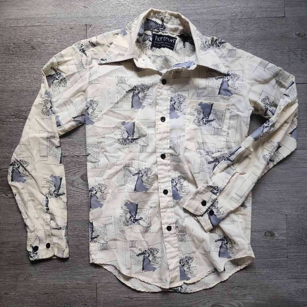 VTG 70s Button-Up Shirt Collared All Over Graphic Print Men's Size 14 / S
